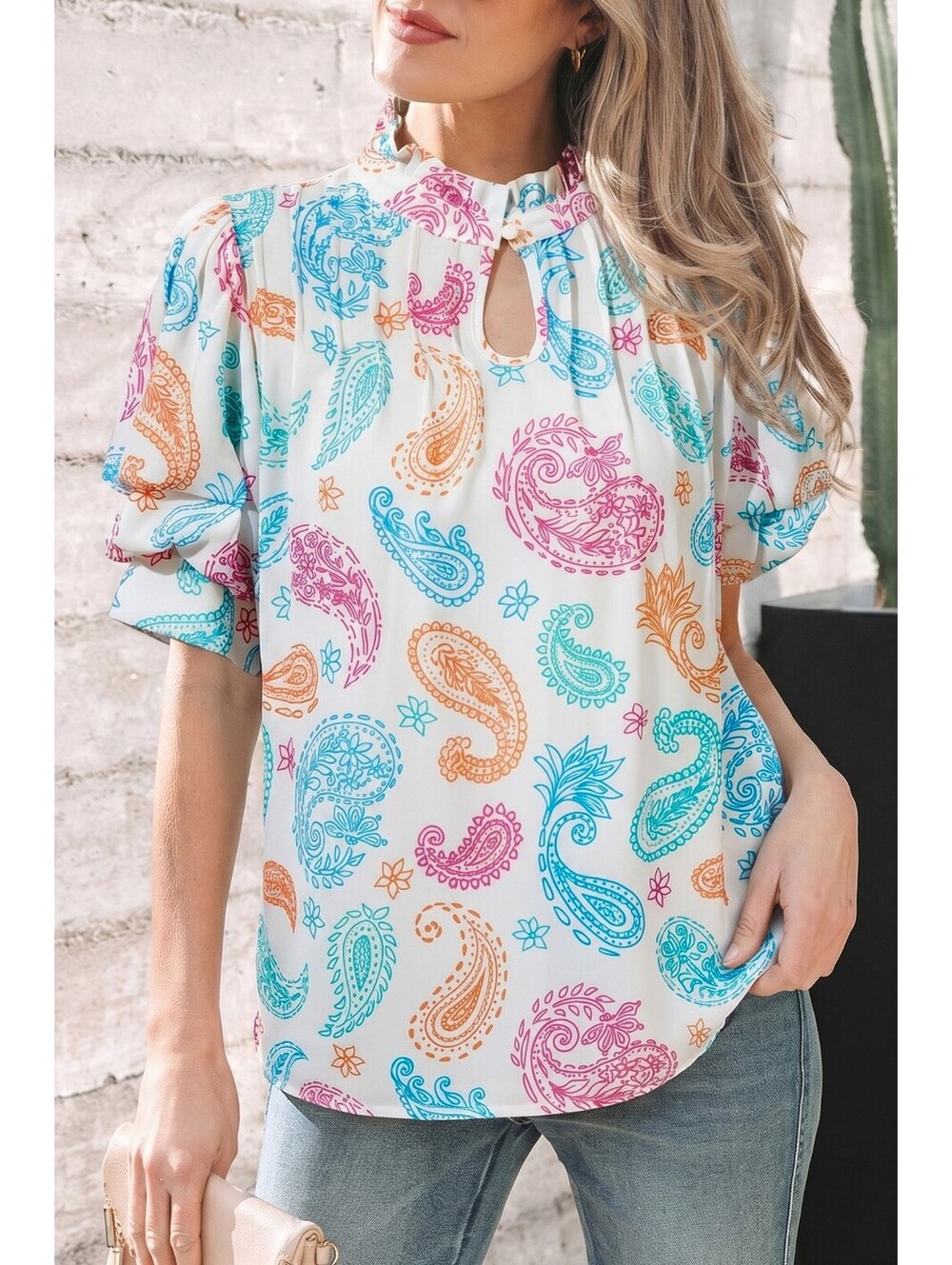 Women's Multicolor Paisley Print Blouse with Ruffle Neck and Puff Sleeves [COPY]